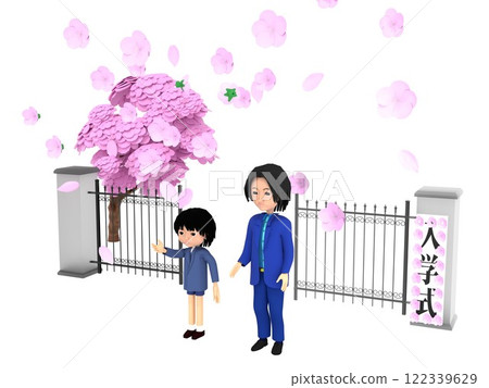 家長和孩子站在櫻花盛開的小學校門前，參加入學儀式。 122339629