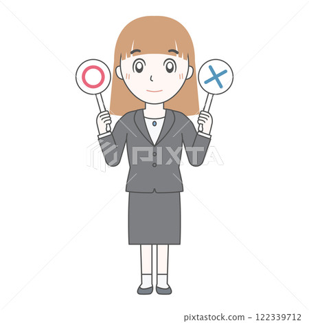 Businesswoman A holding a round number card (full body, both hands) 122339712