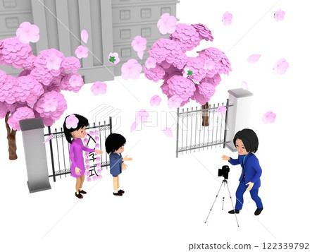櫻花盛開的小學入學典禮。家長和孩子站在校門前拍照留念 櫻花盛開的小學入學典禮。家長和孩子站在校門前拍照留念 122339792