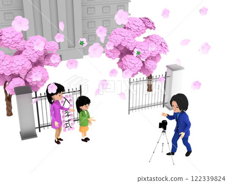 櫻花盛開的小學入學典禮。家長和孩子站在校門前拍照留念 櫻花盛開的小學入學典禮。家長和孩子站在校門前拍照留念 122339824
