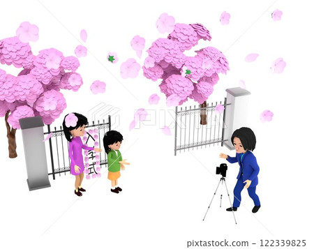 櫻花盛開的小學入學典禮。家長和孩子站在校門前拍照留念 櫻花盛開的小學入學典禮。家長和孩子站在校門前拍照留念 122339825