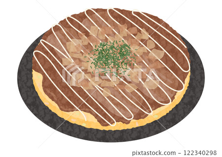 Hand-drawn vector illustration of okonomiyaki on a plate 122340298
