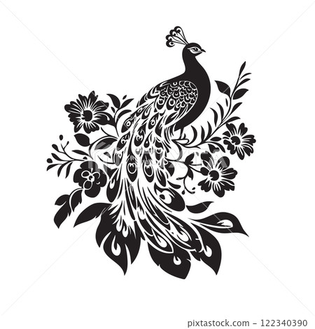 Vector of decorative peacock with floral design in black and white silhouette, elegant folk art pattern. Bird. Wildlife Animals. 122340390