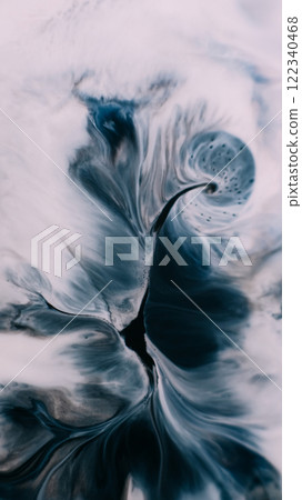 Ink blend. Paint pigment. Defocused blob spread white gray blue liquid surface. Blur dirty leak mix black wave abstract background. Ink blend. Paint pigment. Defocused blob spread white gray blue liquid surface. Blur dirty leak mix black wave abstract background. 122340468