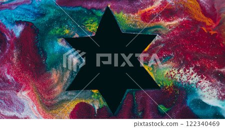 Ink star. Paint flow sparkle. Defocused crimson green multicolor black shape frame texture blend on abstract art marble background. 122340469