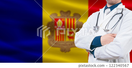 Andorra Health Care concept. Male doctor on Andorra flag. Doctor with crossed arms on Andorra flag 122340567