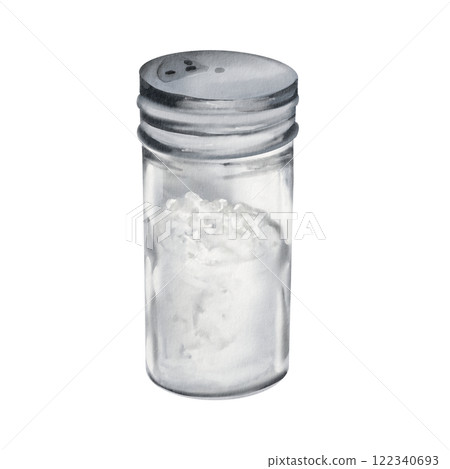 salt in a glass jar with a metal lid and dispenser. Watercolor illustration isolated from background. Packaged food and spice additive. Universal image for menus and packaging.  122340693
