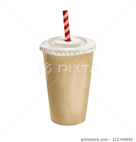 Disposable paper cup with a plastic lid and a long bent straw. fastwood glass. Disposable tableware. A universal neutral color. Watercolor illustration. Isolated from the background. Disposable paper cup with a plastic lid and a long bent straw. fastwood glass. Disposable tableware. A universal neutral color. Watercolor illustration. Isolated from the background. 122340695