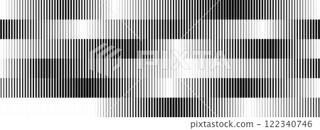 Black and white striped halftone gradient. Fading linear gradation background. Repeating strip pattern backdrop. Parallel lines wallpaper for overlay, print, cover. Vector pulsating effect concept 122340746