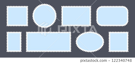 Blue postage stamps set. Post stamp frames and borders. Ellipse, rectangle, square template for mail, postcard, letter, note. Jagged wavy edge forms. Vector zigzag objects for badge, sticker, photo Blue postage stamps set. Post stamp frames and borders. Ellipse, rectangle, square template for mail, postcard, letter, note. Jagged wavy edge forms. Vector zigzag objects for badge, sticker, photo 122340748