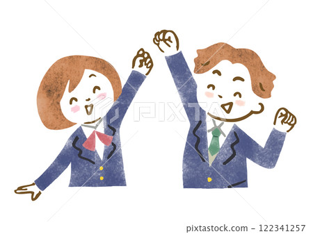 Illustration of male and female junior and senior high school students wearing uniforms (blazers) making a fist pump Illustration of male and female junior and senior high school students wearing uniforms (blazers) making a fist pump 122341257