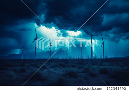 Intense lightning storm over wind turbines in desert 122341390