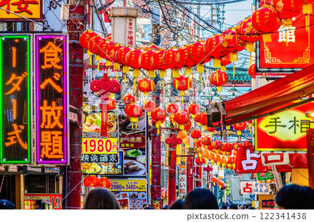 January cityscape of Yokohama, Japan. Market Street in Yokohama Chinatown. The usual red lanterns, fortune-telling, etc. welcome you. 122341438