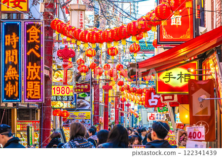January cityscape of Yokohama, Japan. Market Street in Yokohama Chinatown. The usual red lanterns, fortune-telling, etc. welcome you. 122341439