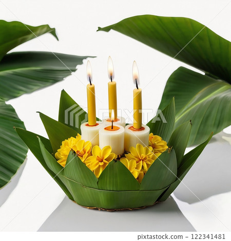 Traditional Thai Krathong Floating Lantern Isolated on White Background Generative AI illustration 122341481