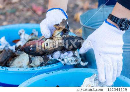 田間烤地瓜、灰、木炭 122341529