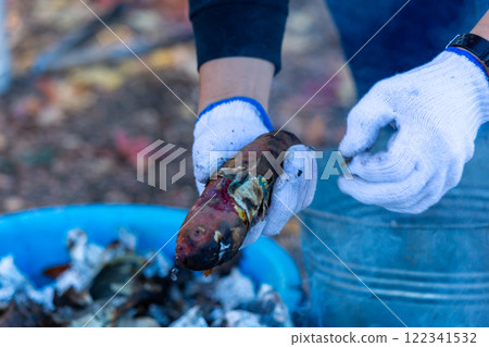 田間烤地瓜、灰、木炭 122341532