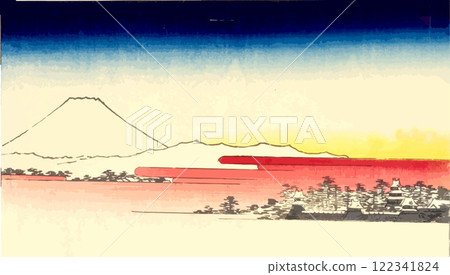 Snowy Mount Fuji and castle town 122341824