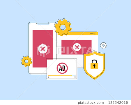 Ad blocking illustration - mobile and web screens, security shield and crossed ads, highlighting privacy protection, pop-up removal, ad-free browsing, online safety and user experience enhancement 122342016