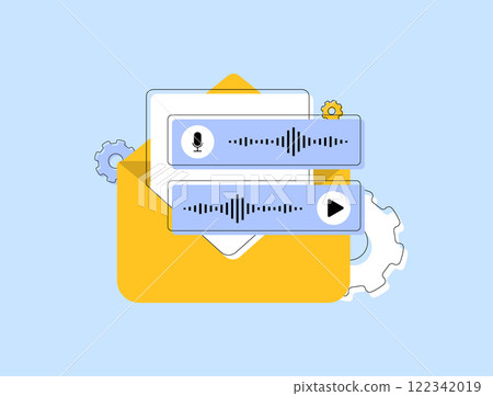 Voice message notification e-mail concept with yellow envelope, audio waveforms and gear symbols. Email communication, audio messages, voice notes, modern correspondence, digital e-mail notifications 122342019