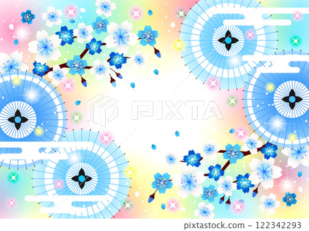 櫻花彩虹色背景，樹枝和日本傘，插圖，藍色，水平，日式，可愛 122342293