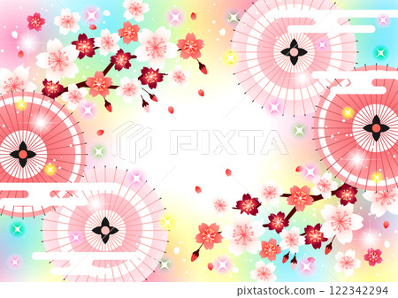 櫻花彩虹色背景，樹枝和日本傘，插圖，紅色，水平，日式，可愛 122342294
