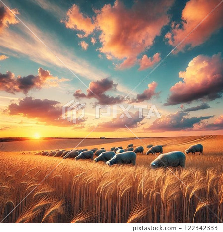 Landscape illustration of sheep grazing in a field 122342333