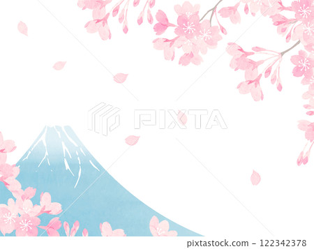水彩畫的櫻花和富士山的背景資料 122342378