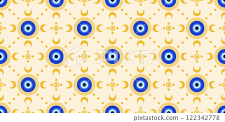Evil eye Greek pattern. Seamless Turkish vector background with blue beads. Magic nazar - abstract symbol of protection and luck. Illustration with mystic talisman and astrology ornament. Evil eye Greek pattern. Seamless Turkish vector background with blue beads. Magic nazar - abstract symbol of protection and luck. Illustration with mystic talisman and astrology ornament. 122342778