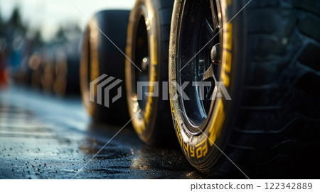 Wet racing tires waiting for mounting on formula one car 122342889