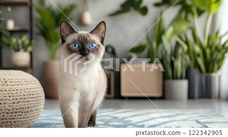 Cute mekong bobtail cat walking on carpet in living room 122342905