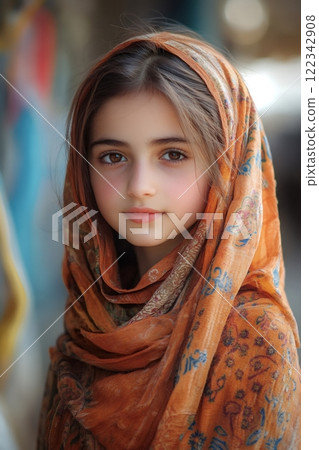 Portrait of young girl wearing orange hijab looking at viewer 122342908