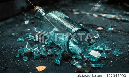 Broken glass bottle with shards lying on dark surface 122343000
