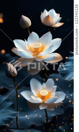 White lotus flowers blooming in a dark pond at night with glowing particles White lotus flowers blooming in a dark pond at night with glowing particles 122343126