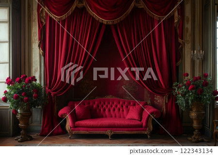 Red velvet sofa and curtains creating luxurious ambiance in vintage room 122343134