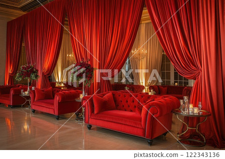 Red velvet sofas and drapes creating elegant ambiance in luxurious venue Red velvet sofas and drapes creating elegant ambiance in luxurious venue 122343136
