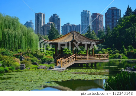 Traditional chinese gazebo standing on a pond in dr. Sun yat-sen classical chinese garden, vancouver 122343148