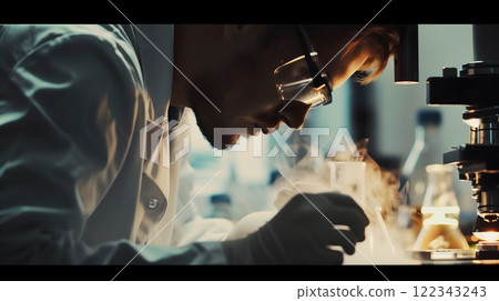 Scientist Conducting Intense Laboratory Experiment Amidst Steam and Equipment 122343243