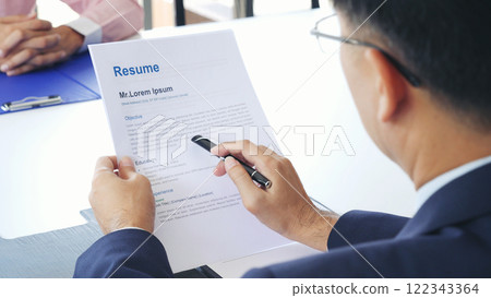 Job Interview with headhunter agent and applicant. Job HR applicants having an interview with Human resource manager jobs interviewing with confident candidate at business firm office give cv resume 122343364