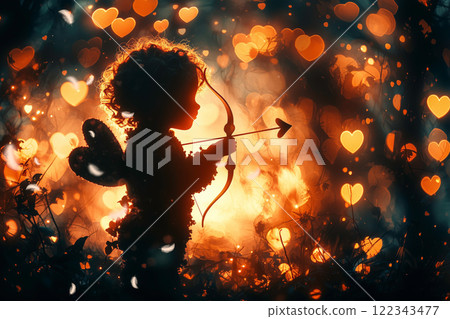 Silhouette of Cupid shooting an arrow of love 122343477