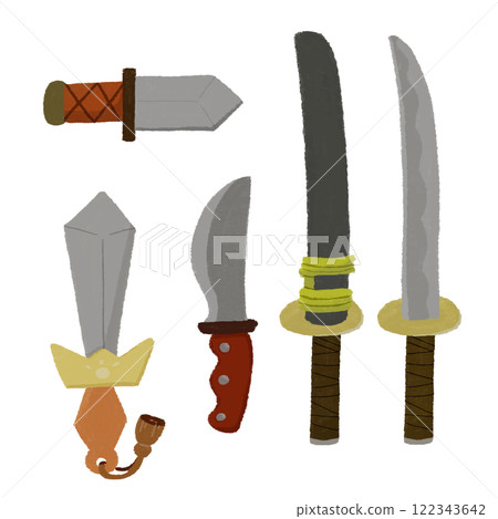 Set of hand drawn color illustrations of various swords and swords Set of hand drawn color illustrations of various swords and swords 122343642