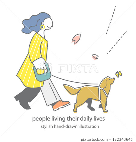 一個女人遛狗 — 簡單又時尚的手繪插畫 122343645