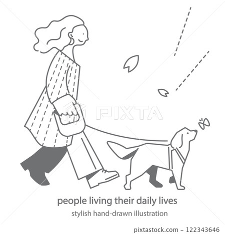 A woman walking a dog: simple and stylish hand-drawn illustration 122343646
