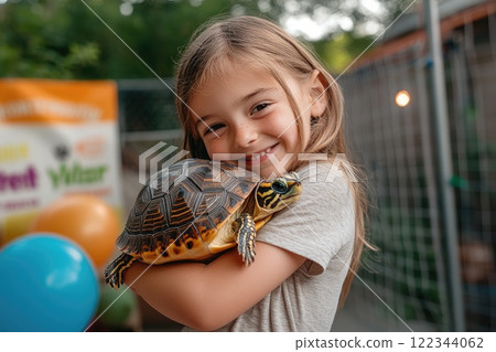 Smiling girl holding pet turtle at birthday party 122344062