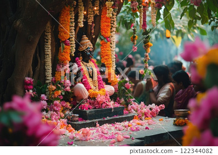 Hindu god vithoba statue being worshiped with flowers in india 122344082