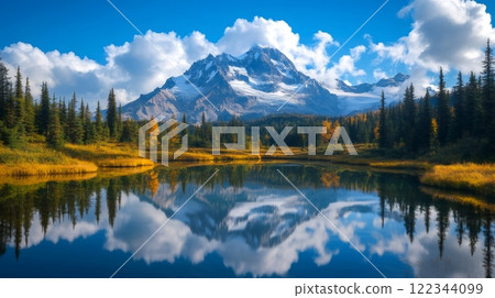 Scenic view of mount assiniboine reflecting in a lake in autumn 122344099