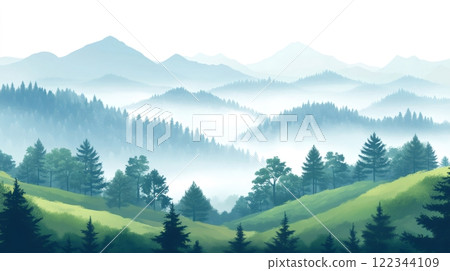 Misty forest covering rolling hills in mountain landscape 122344109