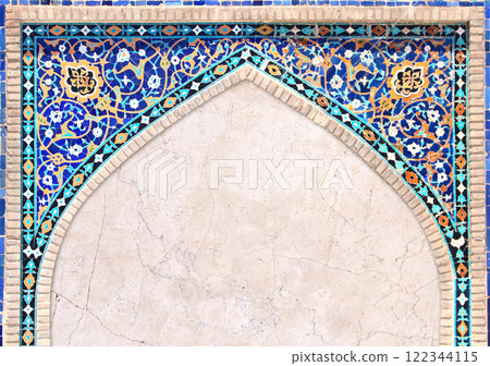 Detail of traditional persian mosaic wall with geometrical and floral ornament, Iran. Horizontal background with ceramic tile frame. Mock up template. Copy space for text 122344115