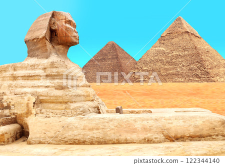 Famous Great Sphinx and pyramids of Chephren, Cheops, Menkaure, Cairo, Egypt. Great Pyramids and statue of Sphinx, mythical creature with head of man and body of lion, Giza complex (Giza Necropolis) Famous Great Sphinx and pyramids of Chephren, Cheops, Menkaure, Cairo, Egypt. Great Pyramids and statue of Sphinx, mythical creature with head of man and body of lion, Giza complex (Giza Necropolis) 122344140