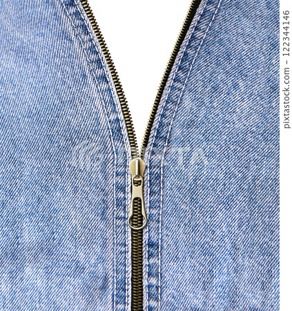 Denim zipper opened. Unzipped zipper or fastener. Open zip and denim fabric. Isolated on white background 122344146